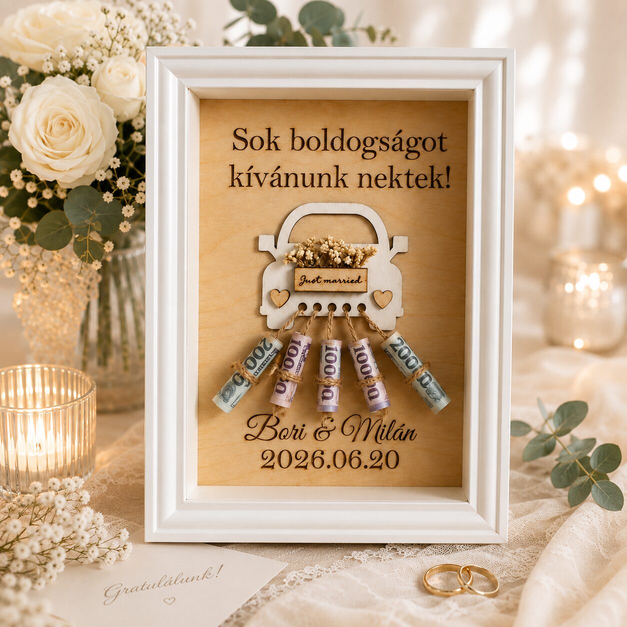 Nászajándék, pénzátadó képkeret